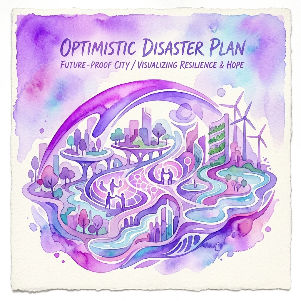 Waterverfillustratie van een optimistisch rampenplan voor een toekomstbestendige stad, met windturbines, groene gebouwen en mensen die samenwerken onder een paarse boog, die veerkracht en hoop visualiseren.