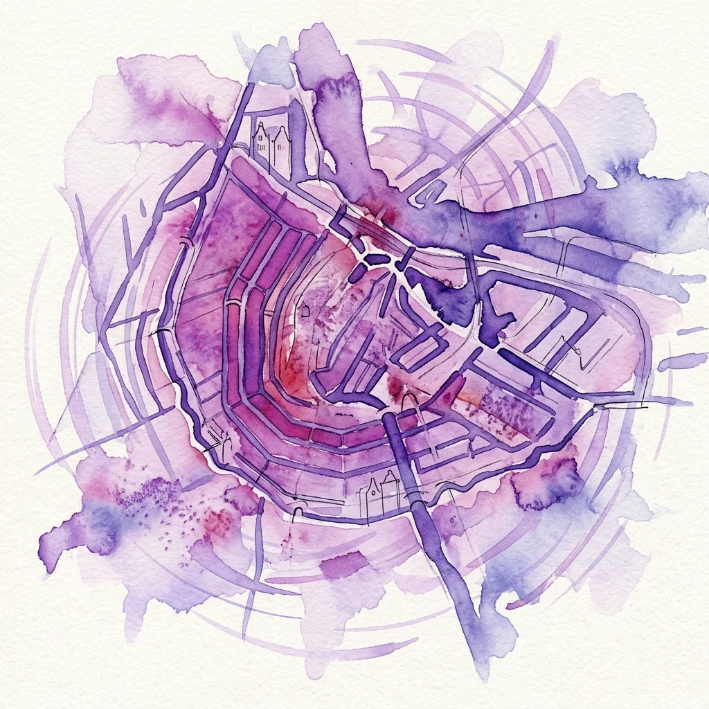 Mapa acuarelado de Ámsterdam en tonos púrpuras y rojos, que ilustra el diseño conceptual de Jacopo Grilli de una ciudad percibida a través de los sentidos, mezclando arquitectura con representaciones abstractas de tacto, sonido y temperatura.