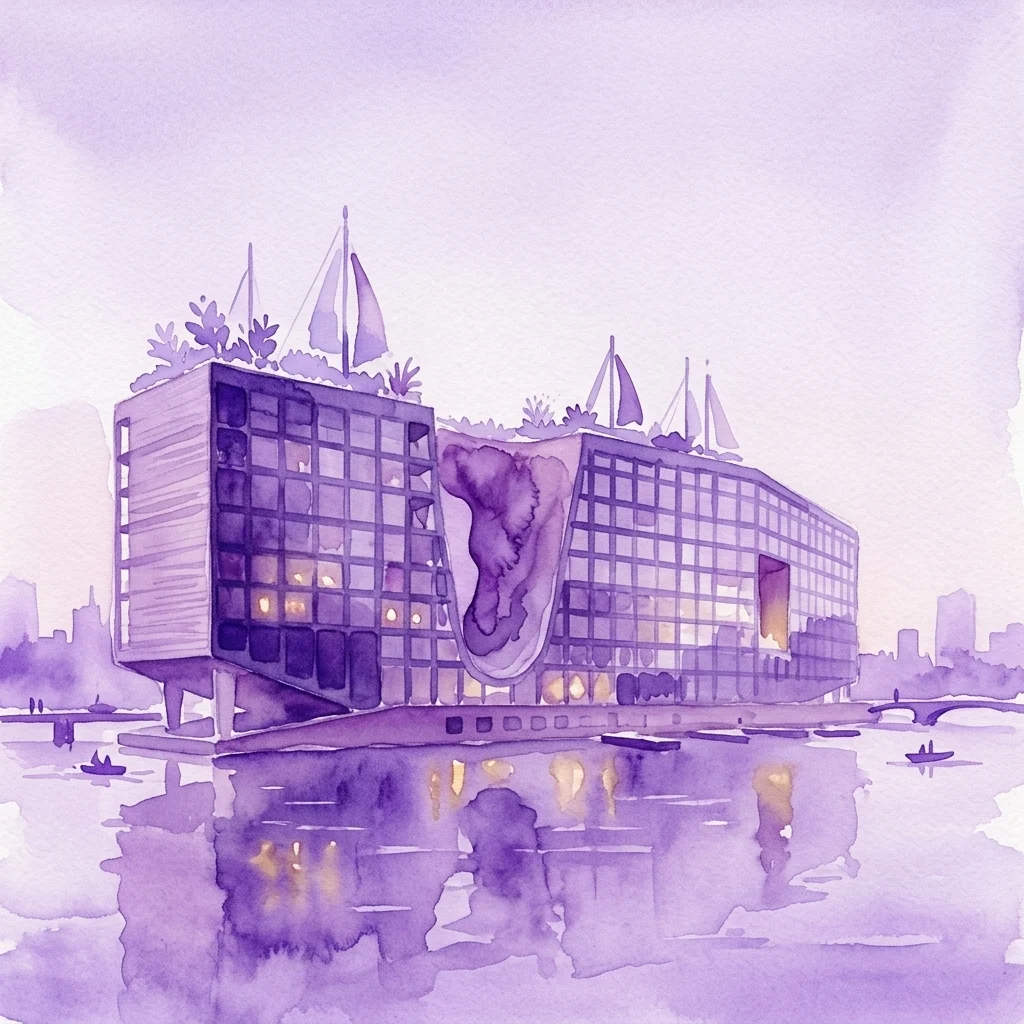 Una ilustración acuarela morada del edificio Jonas en Ámsterdam IJburg, con un diseño moderno con fachadas de zinc y madera, velas de inspiración náutica y un cañón central, situado en un paseo marítimo con reflejos en el agua.