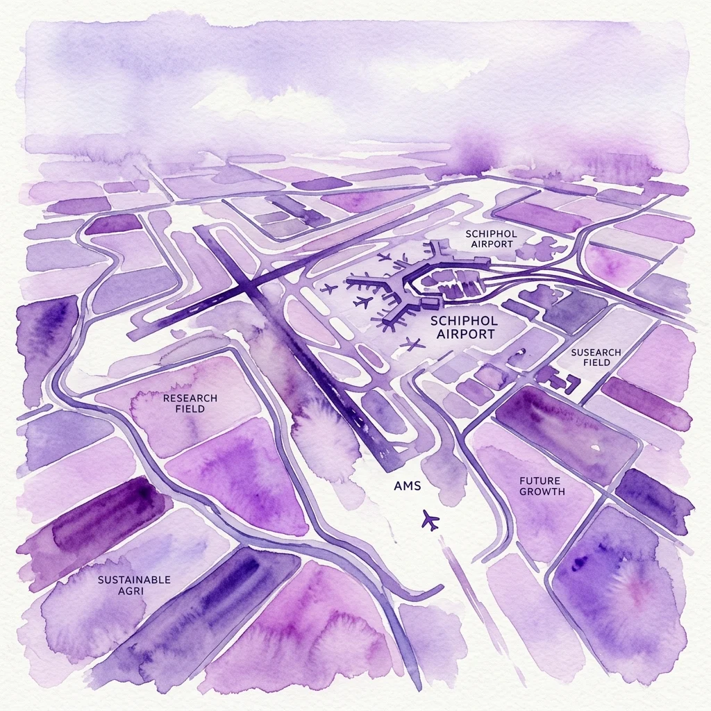 Een aquarelkaart van het Schiphol Airport-gebied, met gelabelde zones zoals Research Field, Sustainable Agri, AMS, Future Growth en Susearch Field, die de ruimtelijke ordening rond de luchthaven illustreert.