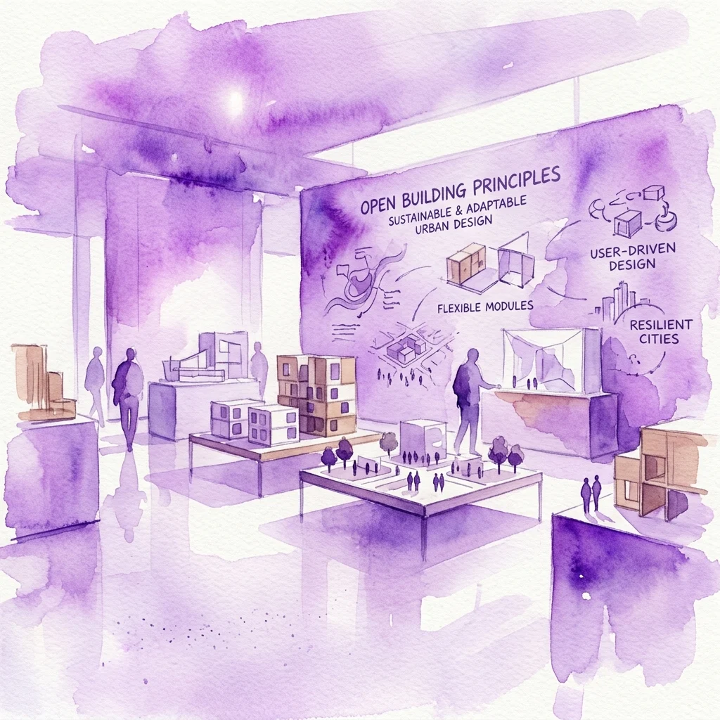Waterverfillustratie van een tentoonstellingsruimte met architectonische modellen en een groot wanddisplay over 'Open Bouwprincipes', inclusief duurzaam, aanpasbaar stedelijk ontwerp, flexibele modules, gebruikersgestuurd ontwerp en veerkrachtige steden.