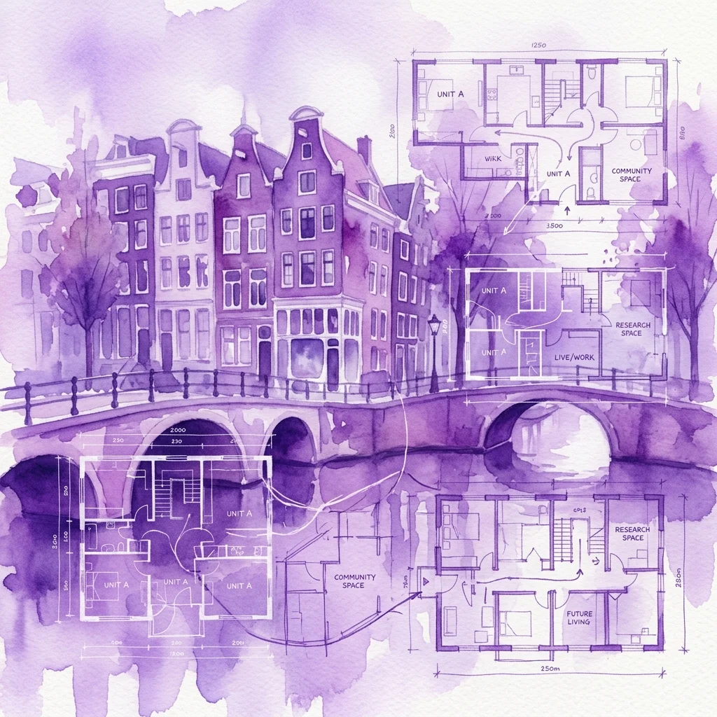 Conceptuele illustratie van Amsterdamse grachtenpanden met daaroverheen architectonische plattegronden, die het onderzoek van Marc Reniers naar woningontwerp en gemeenschapsruimten vertegenwoordigen.