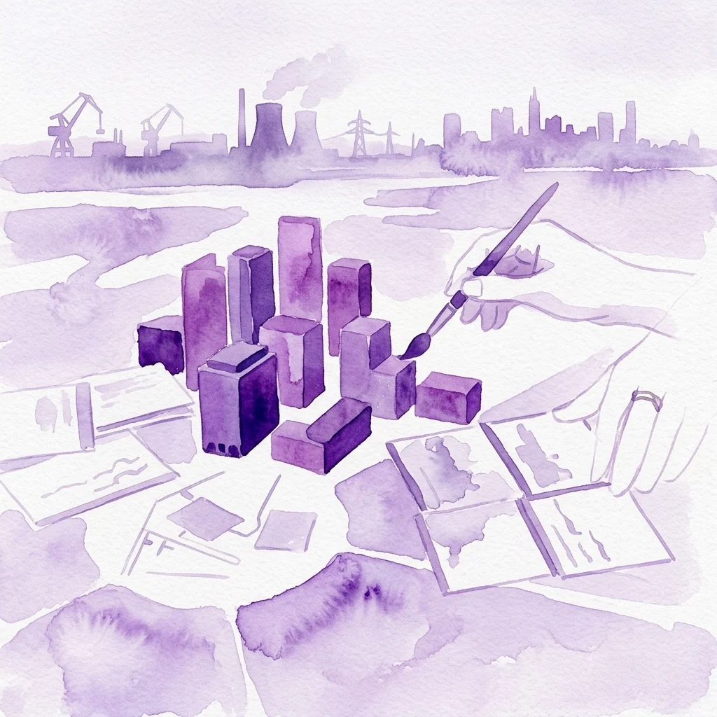 Una ilustración en acuarela de maquetas arquitectónicas abstractas y mapas en púrpura, con una mano pintando un paisaje urbano, que representa escenarios futuros para el Noordzeekanaalgebied en la Región Metropolitana de Ámsterdam.