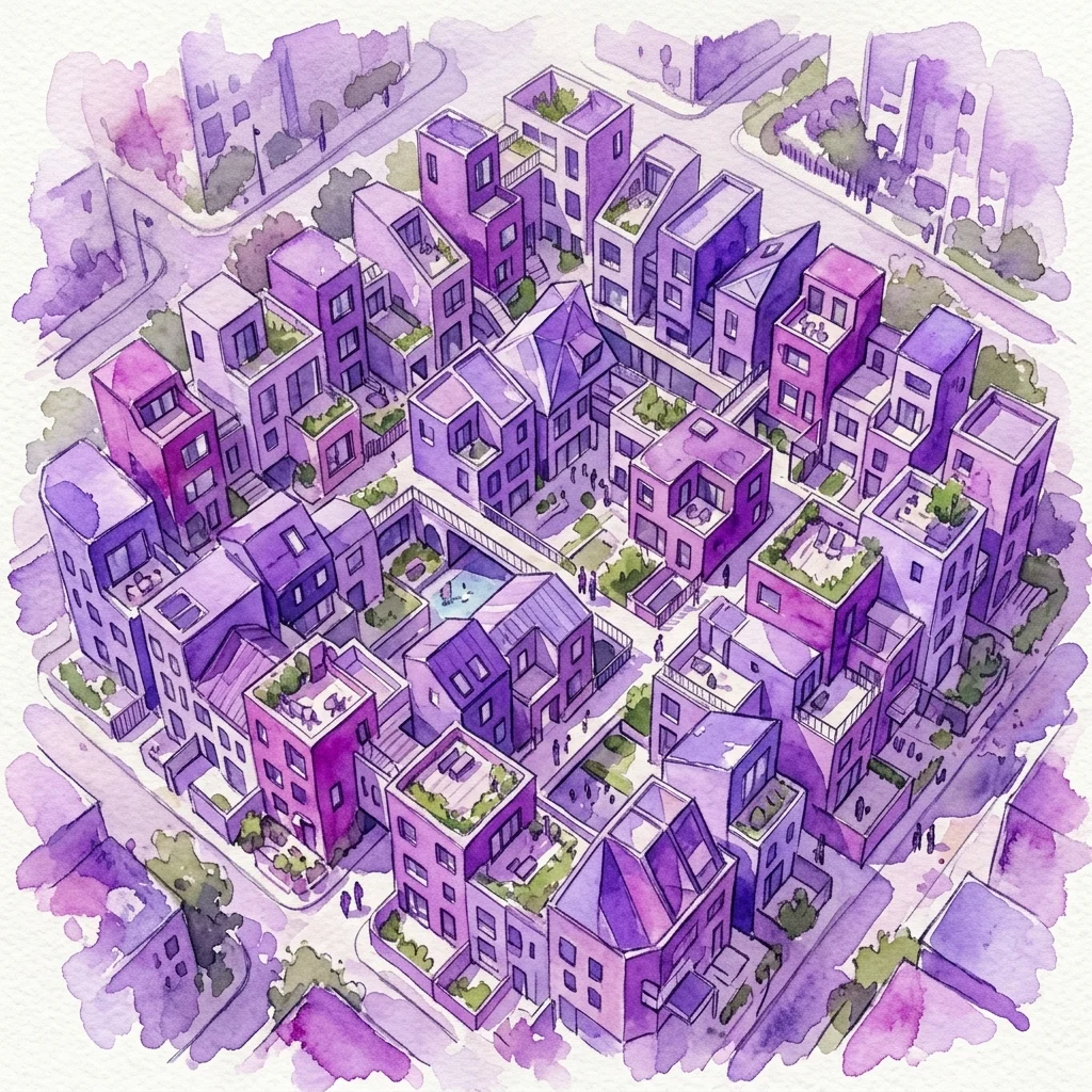 Luchtfoto-waterverfillustratie van een dichte stadswijk met compacte, moderne gebouwen in paarse en roze tinten, met groendaken en gedeelde binnentuinen, die micro-woonoplossingen vertegenwoordigen.