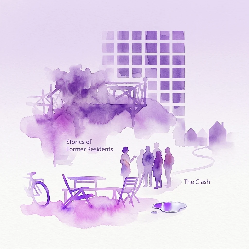 Een paarse aquarelillustratie van een wandeltocht in Baaibuurt-West, Amsterdam, met silhouetten van mensen die luisteren naar een gids. Tekstlabels 'Stories of Former Residents' en 'The Clash' zijn geplaatst over een achtergrond van woongebouwen en een moderne hoogbouw.