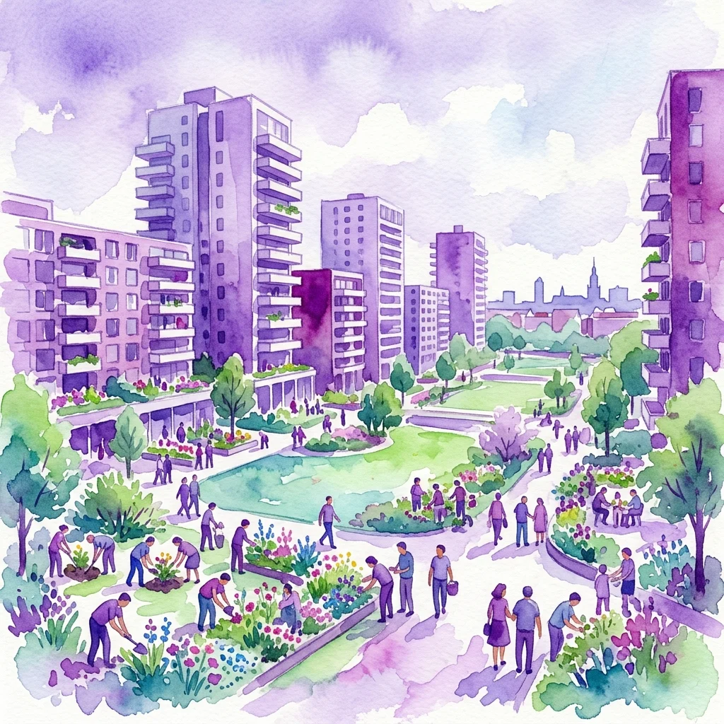 Ilustracja akwarelowa modernistycznej dzielnicy Molenwijk w Amsterdamie Północnej, przedstawiająca wieżowce, tereny zielone oraz mieszkańców zajmujących się ogrodnictwem i żyjących w społeczności, w zorientowanym na wspólnotę środowisku miejskim.