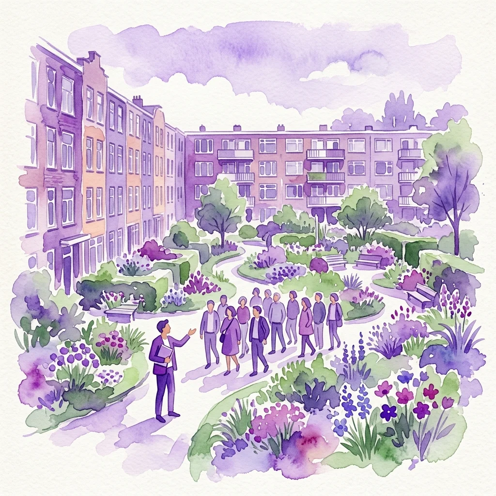 Una ilustración en acuarela de una visita guiada en Geuzenhof, Ámsterdam, con un guía que dirige a un grupo a través de un exuberante patio verde rodeado de coloridos edificios de apartamentos, inspirado en el diseño urbano verde social de Mien Ruys.