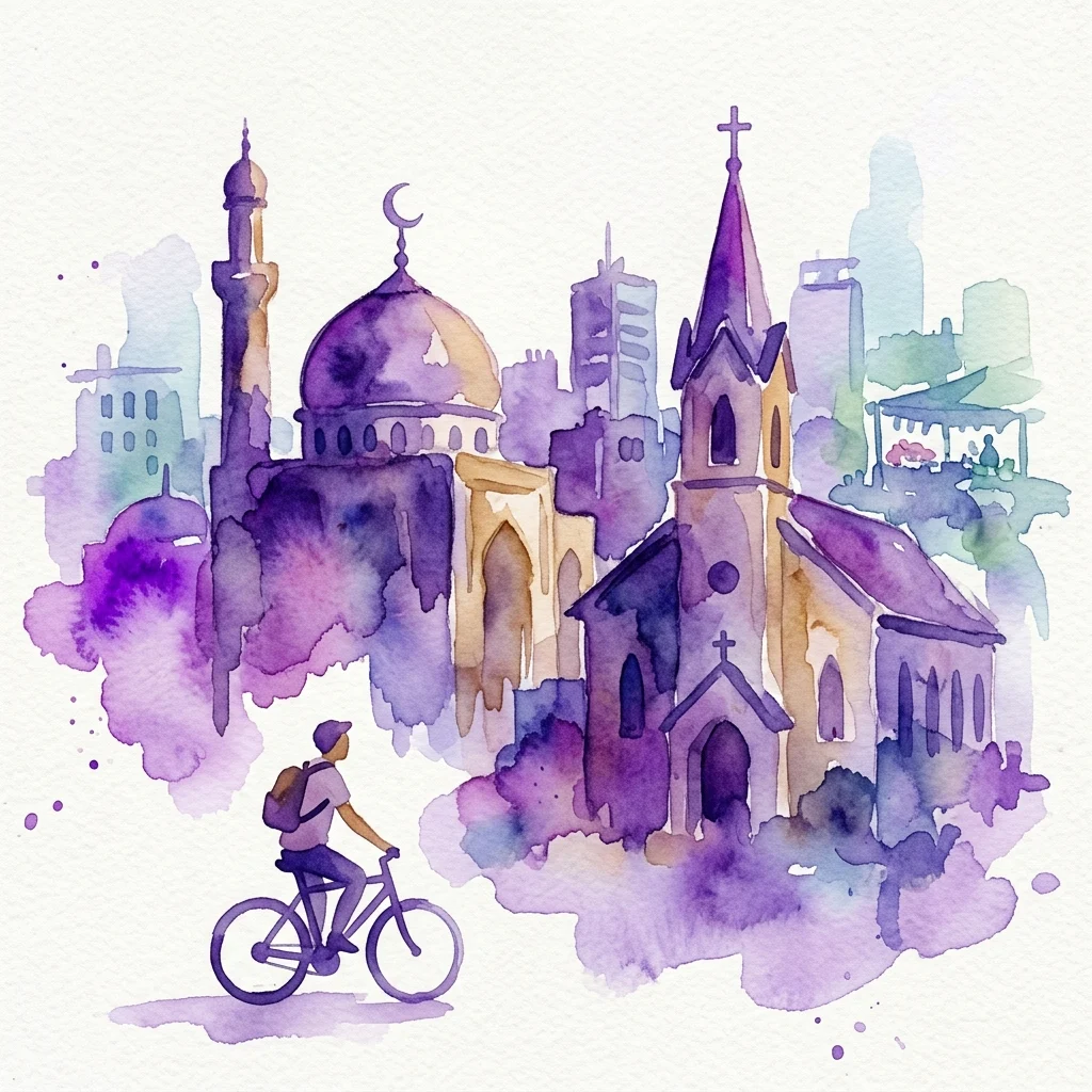 Una ilustración en acuarela de un ciclista pasando junto a una mezquita con una luna creciente y una iglesia con una cruz, que representa la intersección de la herencia islámica y cristiana en Ámsterdam.