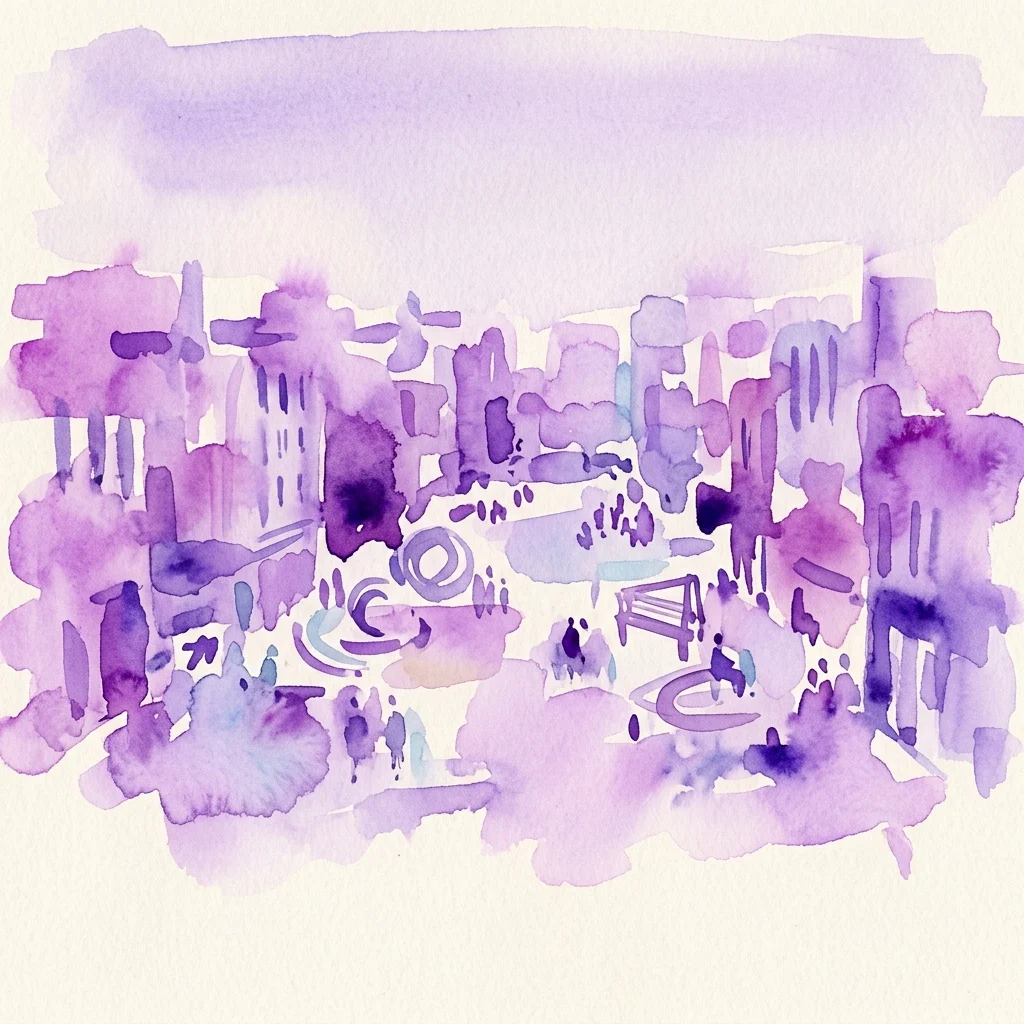 Een paarse aquarelillustratie van een stedelijke buurt, met gebouwen, openbare ruimtes en subtiele figuren, die thema's van gemeenschap en stadsleven oproept.