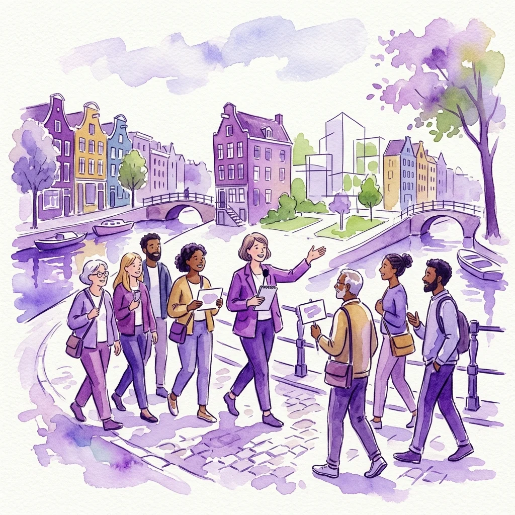 Ilustracja akwarelowa wycieczki z przewodnikiem po Amsterdamie, przedstawiająca zróżnicowaną grupę uczestników słuchających przewodnika z mikrofonem, otoczonych kamienicami nad kanałami i mostami.