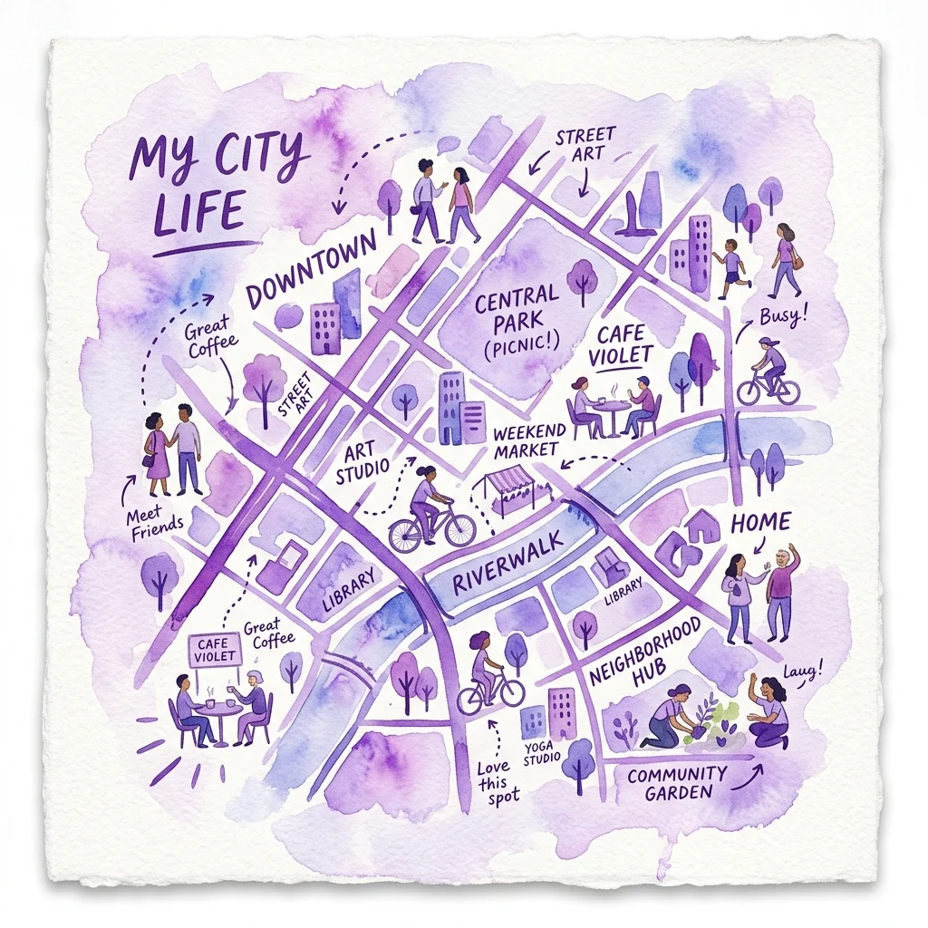 Un mapa estilizado de acuarela titulado 'My City Life' que muestra espacios urbanos como Downtown, Central Park y Riverwalk con personas participando en actividades como andar en bicicleta, reunirse con amigos y jardinería, ilustrando la vida comunitaria y las conexiones personales con la ciudad.