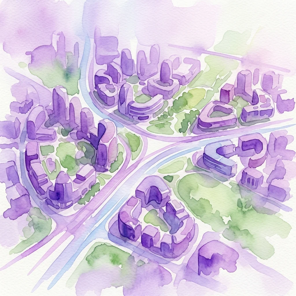 Ilustracja akwarelowa futurystycznego modelu rozwoju miejskiego, przedstawiająca budynki mieszkalne, tereny zielone i infrastrukturę transportową w odcieniach fioletu i zieleni.