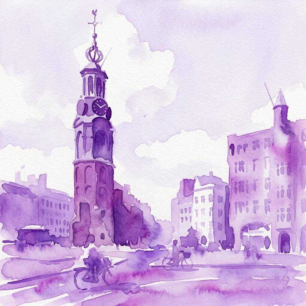 Una ilustración en acuarela morada de la torre Munttoren en Ámsterdam, con su esfera y aguja contra un cielo nublado, con edificios circundantes y ciclistas en primer plano.