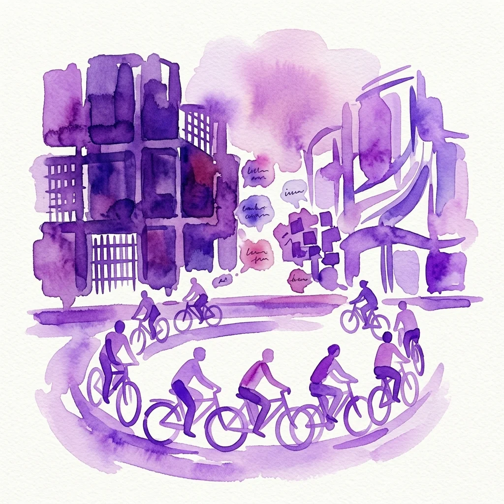 A purple watercolor illustration of a cycling tour through an urban neighborhood, with cyclists riding past buildings that blend former prison architecture and modern developments, reflecting the theme of 'My City Tours: City without papers – Stories from Bajesdorp'.