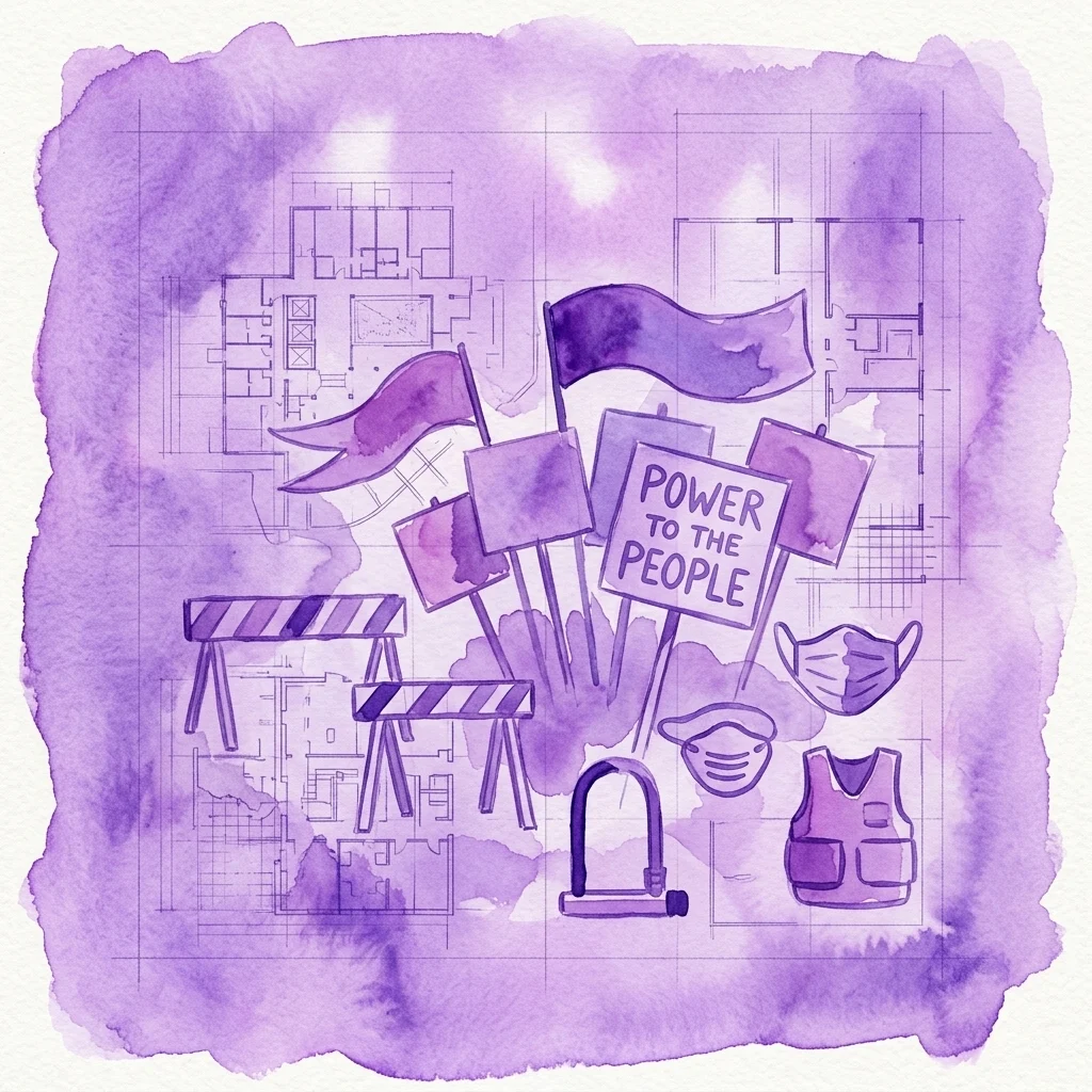 Fioletowa akwarelowa ilustracja architektury protestu, przedstawiająca plany architektoniczne nałożone na barykady, flagi, znaki z napisem „Władza ludu”, maski i kamizelkę, symbolizujące opór obywatelski i projektowanie.