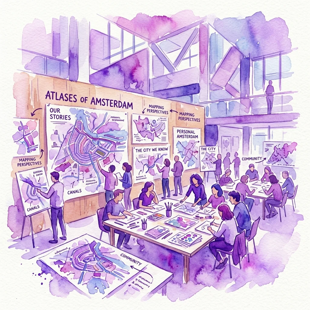 Un evento de estudio abierto en el Subjective Atlas of Amsterdam, donde los participantes crean mapas personales y comparten historias sobre la ciudad en un espacio colaborativo y creativo.