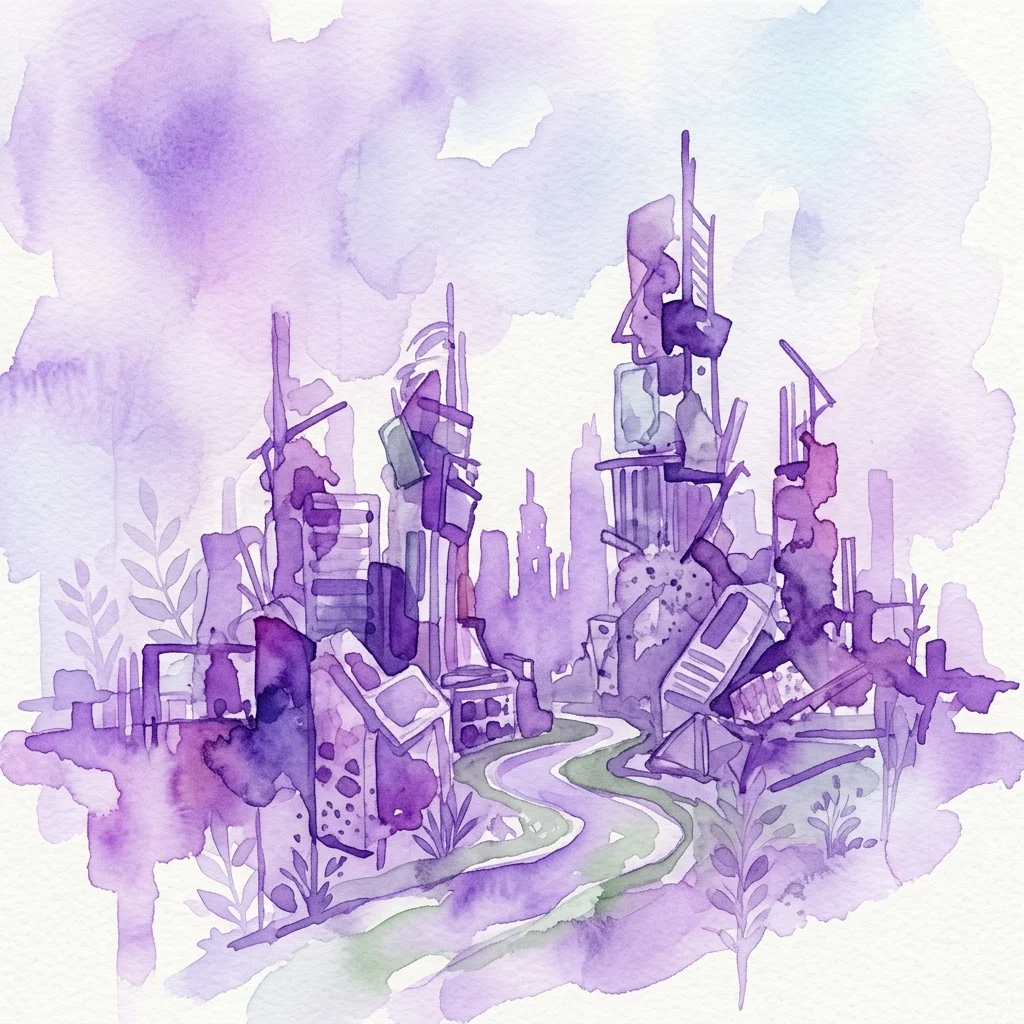 A purple watercolor illustration depicting a cityscape made of discarded objects and waste materials, symbolizing urban accumulation and ecological themes.
