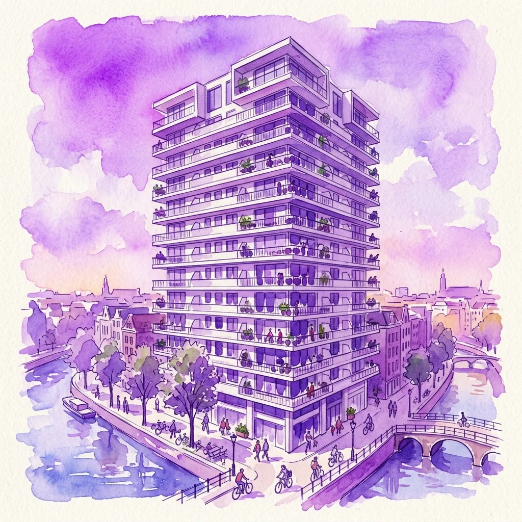Waterverfillustratie van Opportuna, een moderne woontoren in stadsdeel Nieuw-West in Amsterdam, met balkons en uitzicht op de gracht, geïnspireerd op de wederopbouwarchitectuur na de oorlog.