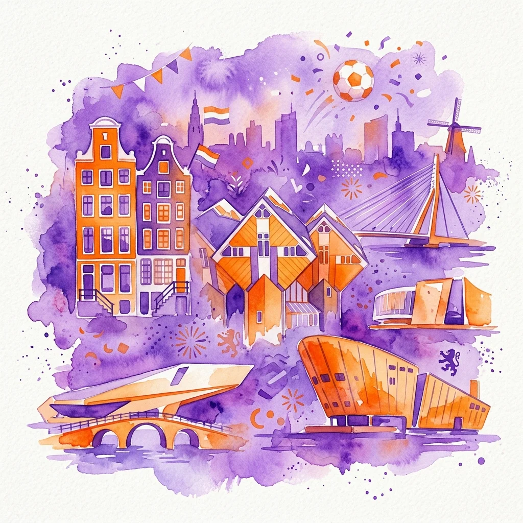 Een levendige aquarelillustratie van Nederlandse architectonische bezienswaardigheden met oranje gevels, waaronder grachtenpanden, een molen en moderne gebouwen, tegen een paars stadsgezicht met voetbal en Nederlandse vlaggen, ter ere van het UEFA Europees Kampioenschap 2024.