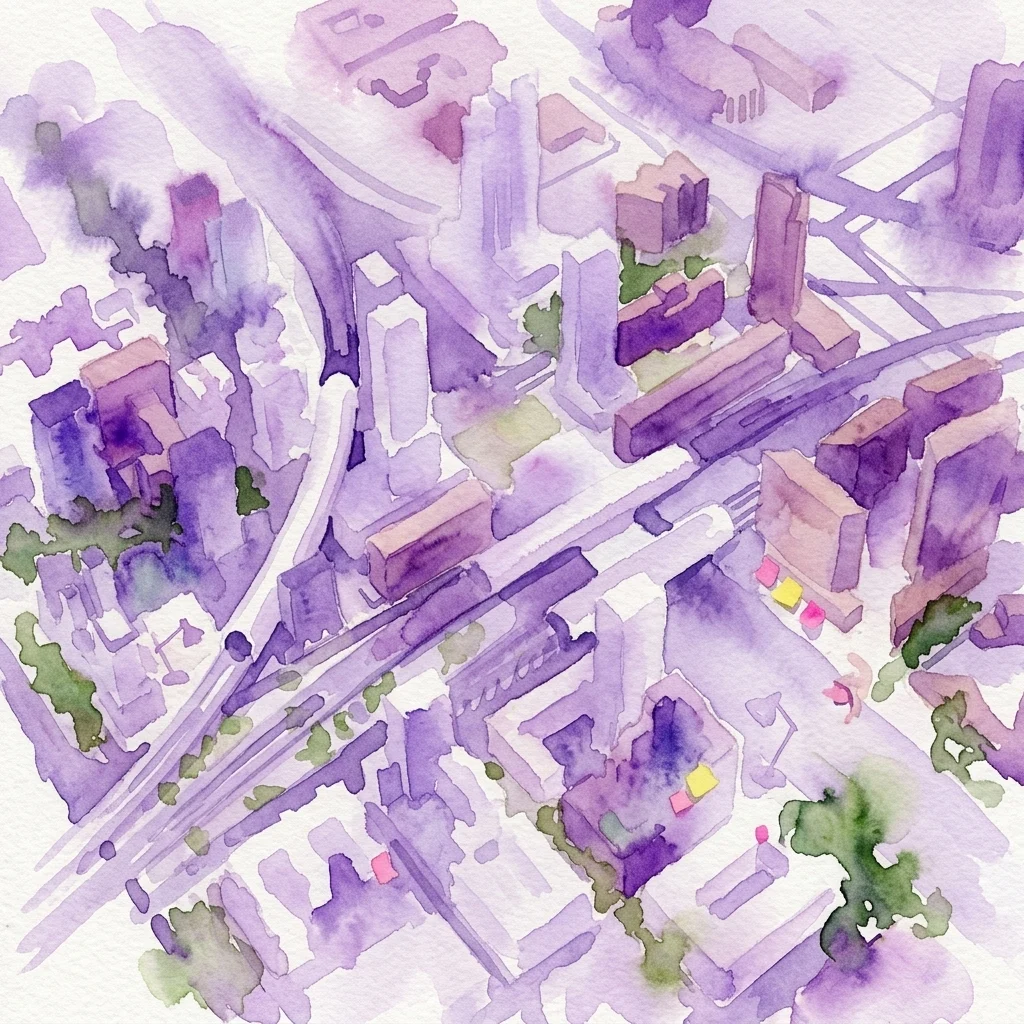 Ilustracja akwarelowa modelu architektonicznego Amsterdamu, przedstawiająca budynki w odcieniach fioletu, tereny zielone i trasy komunikacyjne, reprezentująca projekt z wystawy „Poza biurem”.