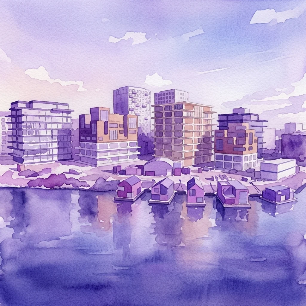 Ilustracja wodna przedstawiająca nabrzeże Amsterdam Noord, z nowoczesnymi wieżowcami i pływającymi domami wzdłuż rzeki IJ, ukazująca miejską transformację tego obszaru.