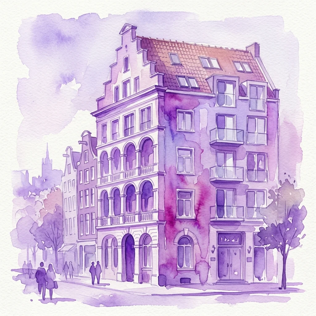 Ilustracja akwarelowa nowoczesnego holenderskiego budynku łączącego architekturę renesansowego palazzo ze współczesnym wzornictwem mieszkalnym, z łukowymi oknami, balkonami i fasadą z attyką schodkową.