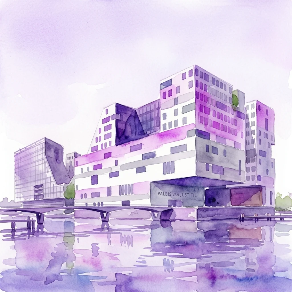 Una ilustración en acuarela del Paleis van Justitie en Ámsterdam, que presenta su moderna arquitectura blanca y gris con acentos morados, situado a orillas del agua con un recorte en forma de V y un reflejo claro del cielo.