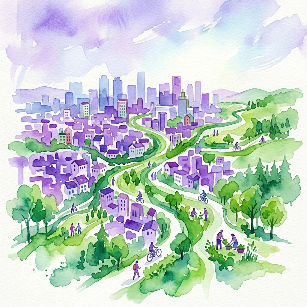 Een aquarelillustratie die stedelijke groene wiggen afbeeldt die natuur en stadsplanning integreren, ter representatie van het initiatief Parlement van de Scheggen van Architectuurcentrum Amsterdam.