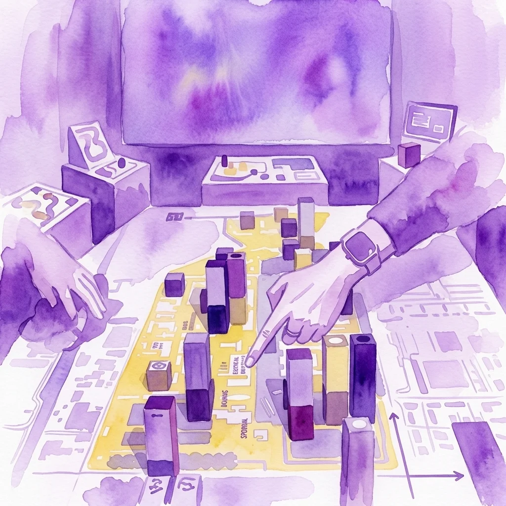 Una ilustración de un espacio de exposición con manos interactuando con un juego de mesa que simula la planificación urbana, con maquetas arquitectónicas e interfaces digitales en un entorno de tonos púrpuras.