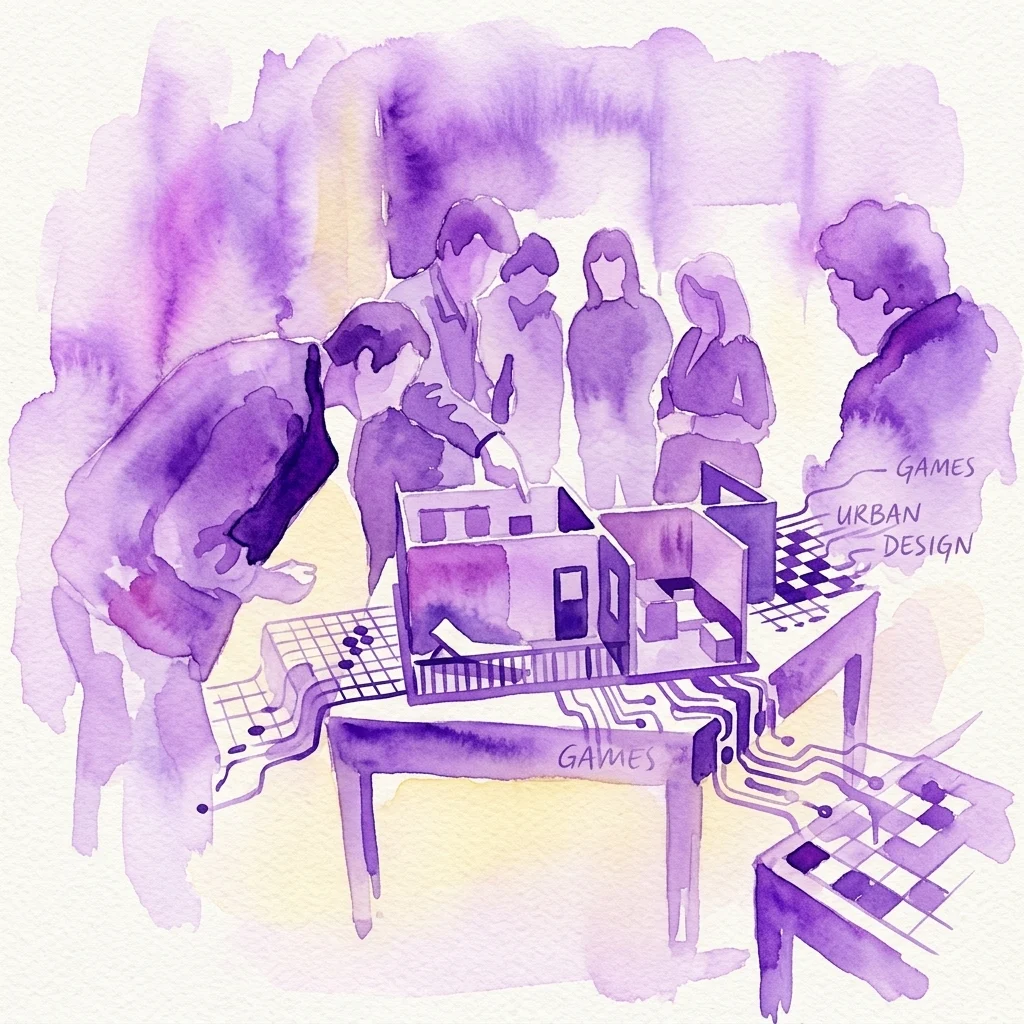 Waterverfillustratie van mensen die interageren met architecturale modellen en spelborden, waarbij de relatie tussen games en stedelijk ontwerp wordt onderzocht.