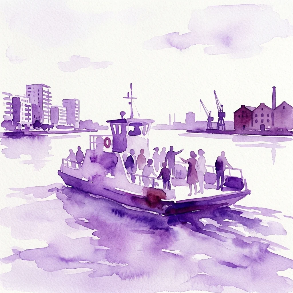 Een paarse aquarelillustratie van een veerboot die passagiers vervoert over het IJ in Amsterdam, met moderne woongebouwen en voormalige industriële structuren zichtbaar aan beide oevers.