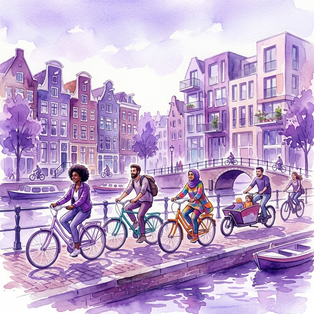 A diverse group of people cycling along an Amsterdam canal, passing modern and traditional buildings, representing an inclusive bike tour exploring queer architecture and living spaces.