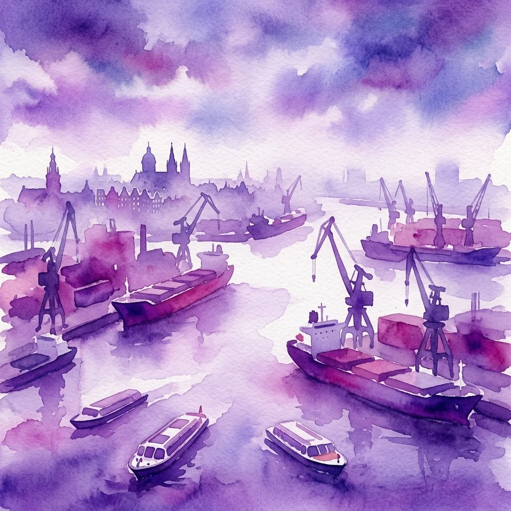 Ilustracja akwarelowa portu w Amsterdamie, przedstawiająca statki towarowe, dźwigi i łodzie wycieczkowe na wodzie z panoramą miasta w tle pod niebem w odcieniach fioletu.