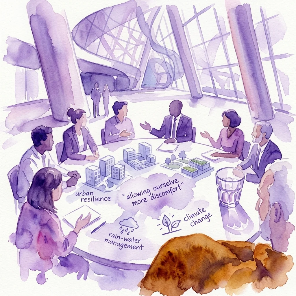 A watercolor illustration of a roundtable discussion at Arcam, featuring diverse professionals and residents discussing urban resilience, climate change, and rain-water management, with architectural models and diagrams on the table.