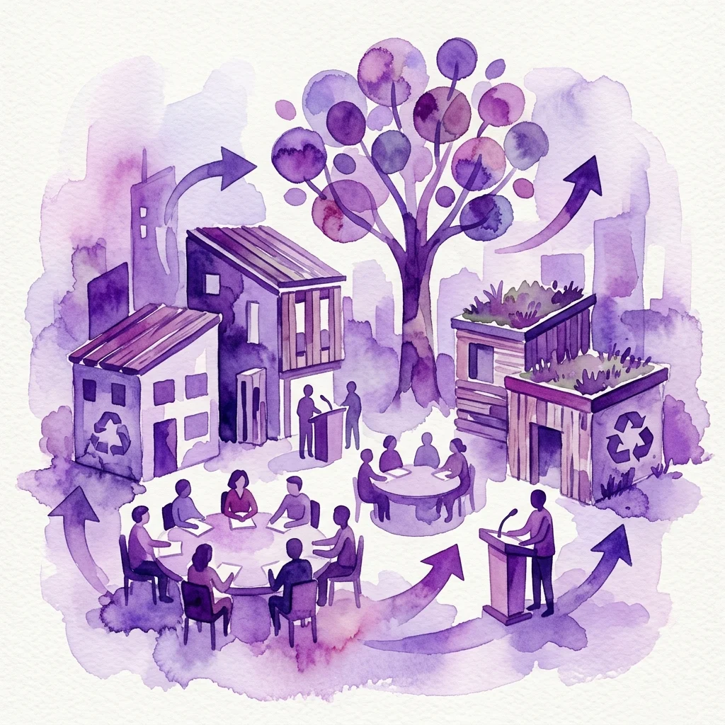 A watercolor illustration of a community meeting on sustainable housing, featuring buildings with green roofs, recycling symbols, and people discussing around tables and a podium, symbolizing climate-conscious renovation and urban development.