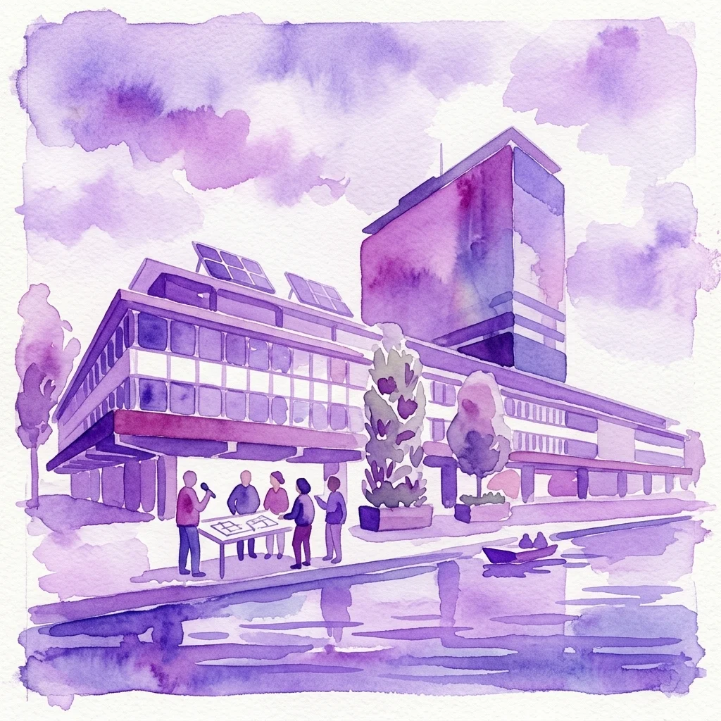 Ilustración en acuarela de la sede modernista de De Nederlandsche Bank, con paneles solares, un canal y visitantes en una visita guiada, destacando su diseño sostenible y su importancia cultural.