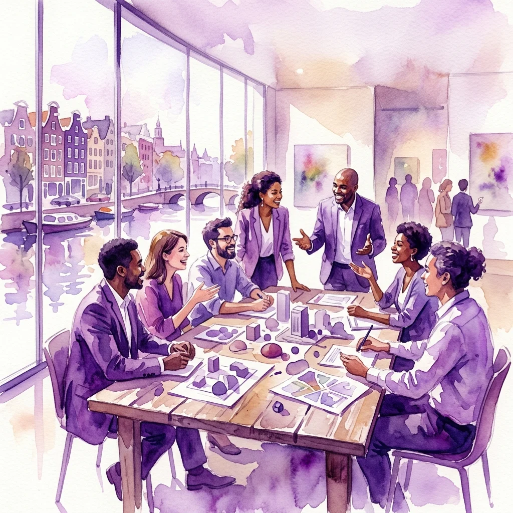 A diverse group of professionals in a modern gallery space discuss collective housing projects around a table with architectural models and plans, with Amsterdam's canal view visible through large windows.