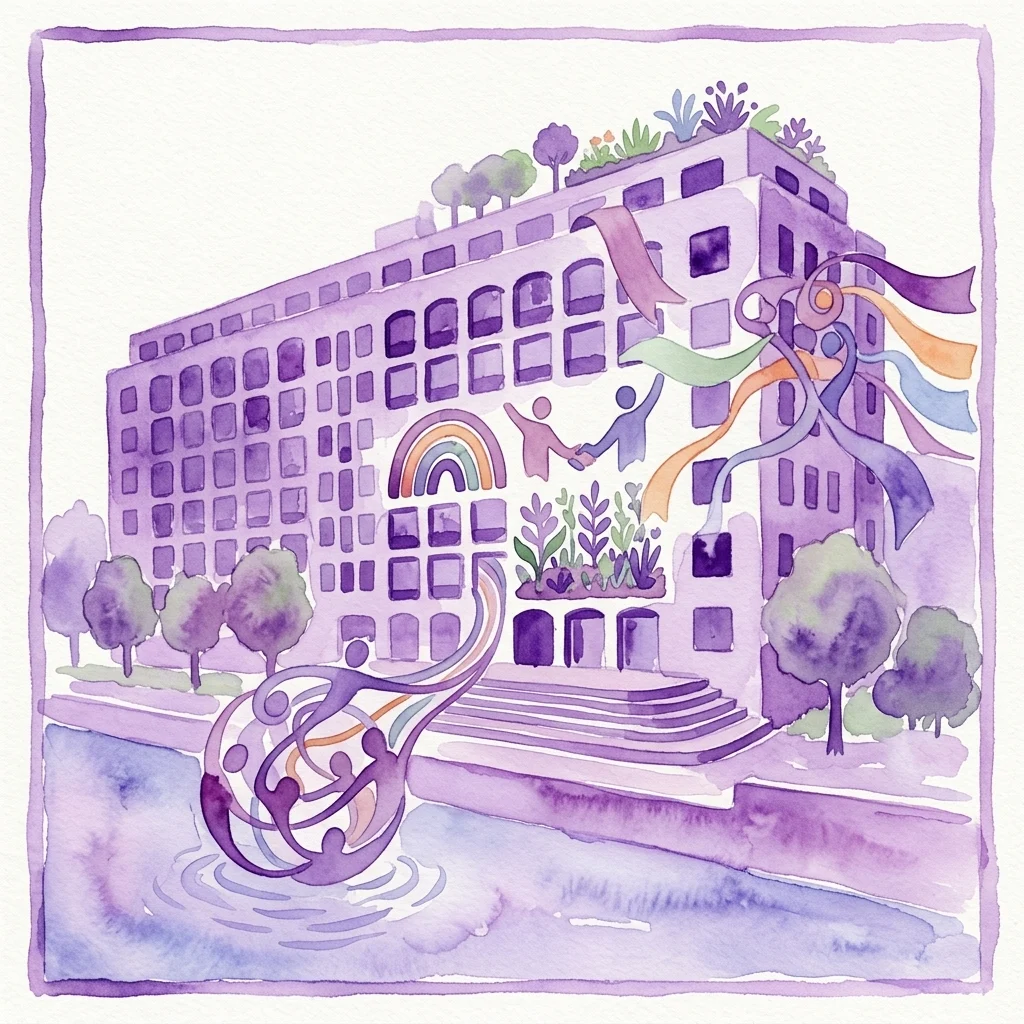Ilustracja akwarelowa purpurowego budynku z tęczowym łukiem, przedstawiająca symboliczne postacie, wstążki i zieleń, symbolizująca inkluzywne przestrzenie miejskie w Amsterdamie.