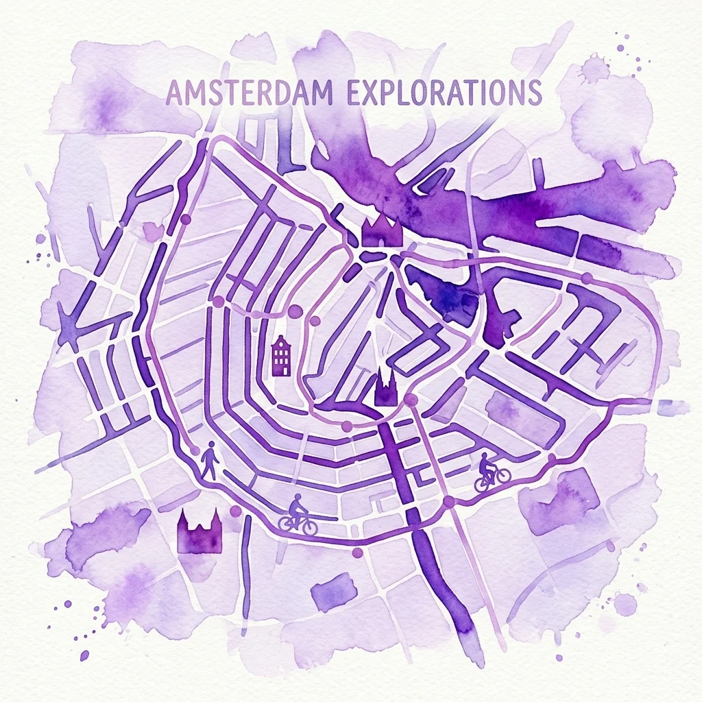Een aquarel-stijl kaart van Amsterdam met een paarse route die wandel- en fietspaden benadrukt, met iconen van gebouwen en bezienswaardigheden, getiteld 'AMSTERDAM EXPLORATIONS'.