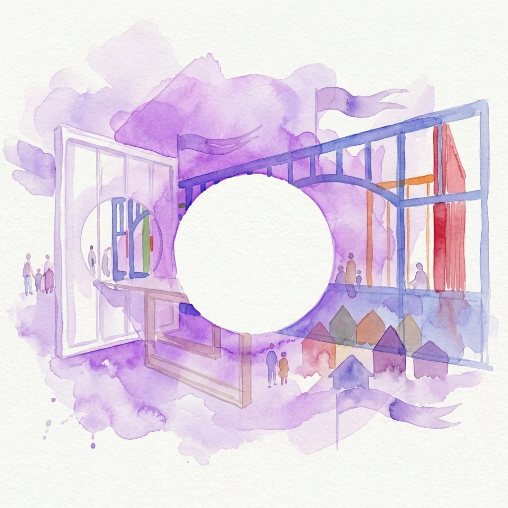 Watercolor illustration of an abstract urban space with architectural elements, flags, and figures, representing the 'Safe Spaces' exhibition exploring visibility and safety in city environments.