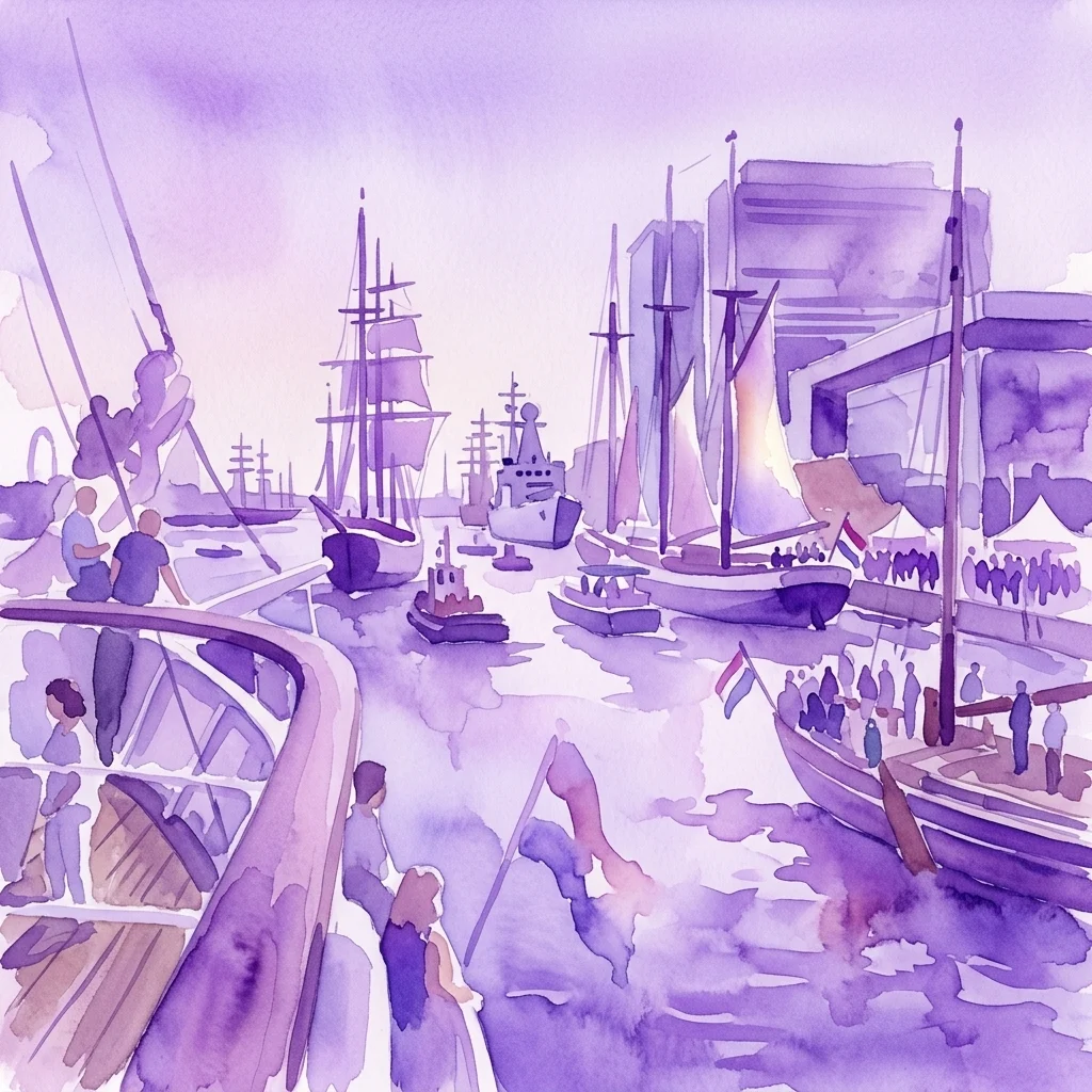 A watercolor illustration of a harbor during SAIL Amsterdam 2025, showing tall ships and historic vessels in the Oosterdok with people watching from a modern viewpoint.