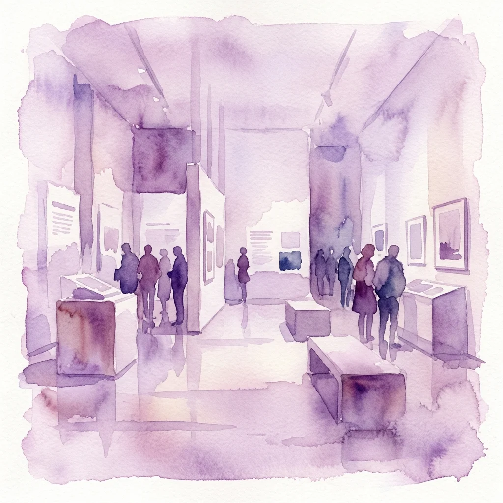 Waterverfillustratie van een galerie-expositieruimte met bezoekers die vitrines en ingelijste kunstwerken bekijken, wat een reflectieve sfeer oproept voor het archief Salon d’Actualité 1986–2013.