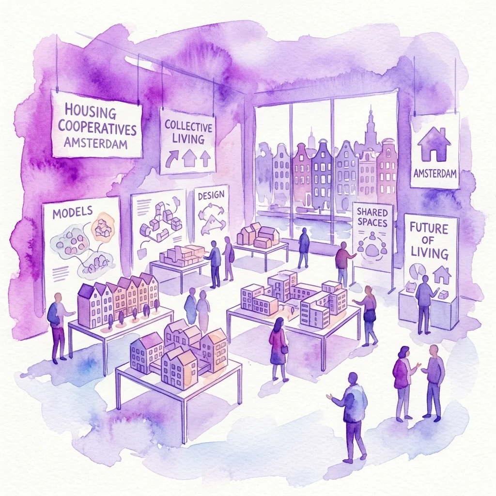 Ilustracja wystawy poświęconej spółdzielniom mieszkaniowym w Amsterdamie, prezentującej makiety, tablice o życiu zbiorowym, wspólnych przestrzeniach i przyszłości mieszkalnictwa, podczas gdy zwiedzający eksplorują ekspozycję.