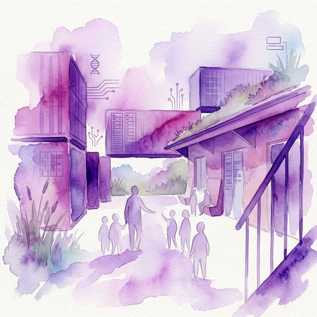 Ilustracja akwarelowa Amsterdam Science Park, przedstawiająca nowoczesne budynki z zielonymi dachami, serwery centrum danych i symbole DNA, z sylwetkami ludzi spacerujących po miejskim krajobrazie.