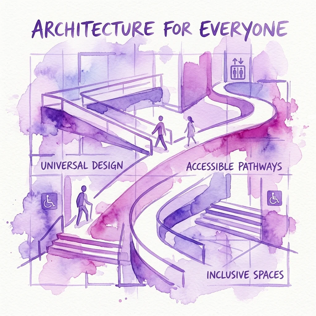 Een aquarelillustratie die toegankelijke paden, universeel ontwerp en inclusieve ruimtes weergeeft, met figuren die zich voortbewegen over hellingbanen en toegankelijke routes, onder de titel 'Architectuur voor Iedereen'.