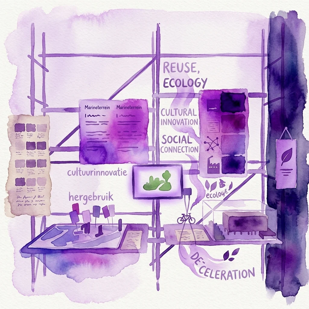 Ilustracja akwarelowa wystawy architektonicznej poświęconej tematom takim jak ponowne wykorzystanie, ekologia, innowacje kulturowe i więzi społeczne, prezentująca makiety, dokumenty i rower, promująca spowolnienie przestrzenne w rozwoju urbanistycznym.