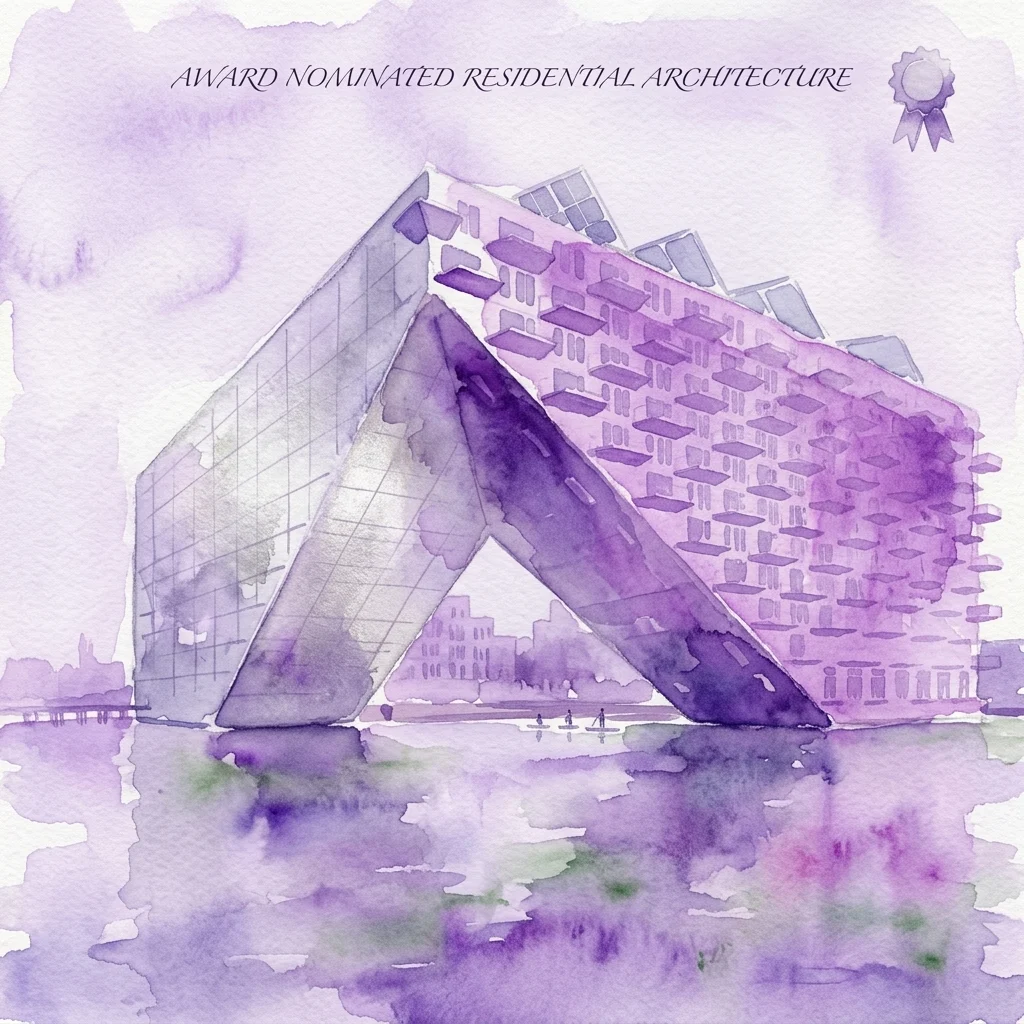 Aquarelillustratie van het Sluishuis, een modern woongebouw met een kenmerkend uitgesneden ontwerp, gelegen aan het water met een paars en grijs kleurenpalet.