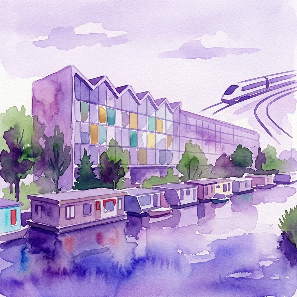 Ilustración en acuarela de Sporenboog, un moderno complejo residencial y de oficinas en Ámsterdam, con una distintiva fachada de vidrio a dos aguas con paneles coloridos, situado junto a un canal con casas flotantes y un tren de paso.