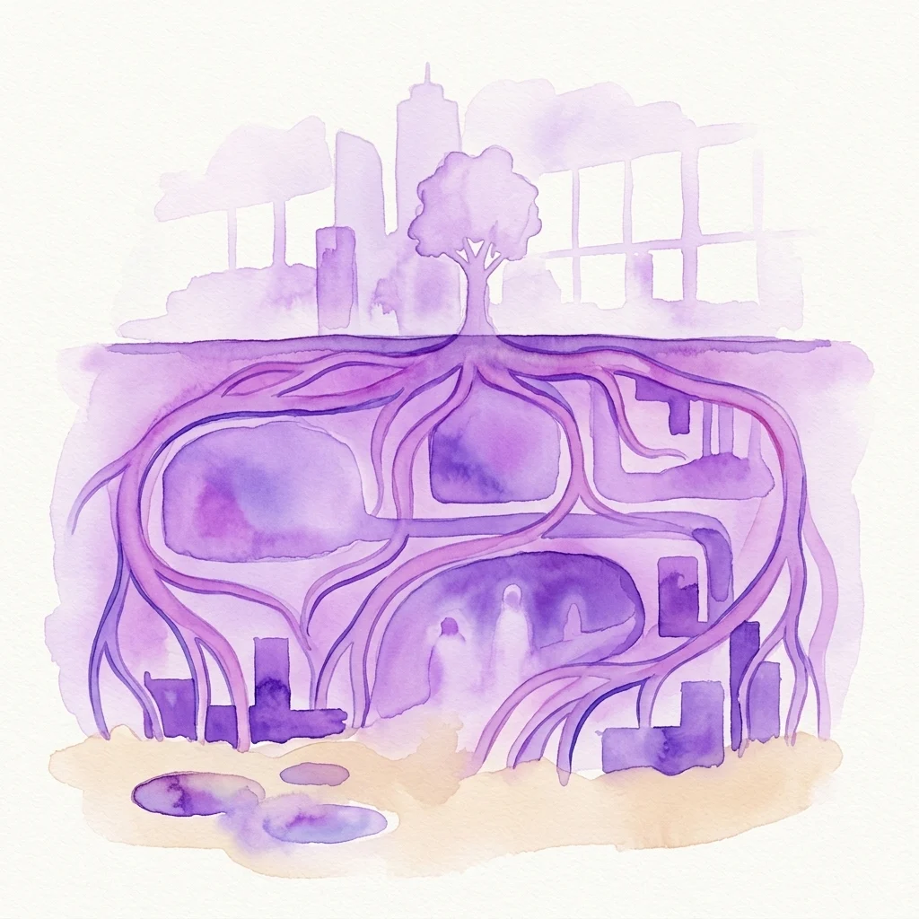Waterverfillustratie van ondergronds urbanisme, met bovengrondse stadse structuren en onderling verbonden ondergrondse ruimtes, met boomwortels die natuurlijke integratie symboliseren.