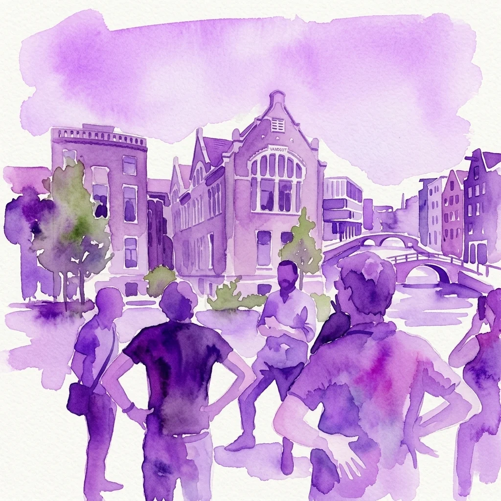 A watercolor illustration of a group of people on an architecture walk in Amsterdam, with historic buildings, a canal, and a bridge under a purple-hued sky.